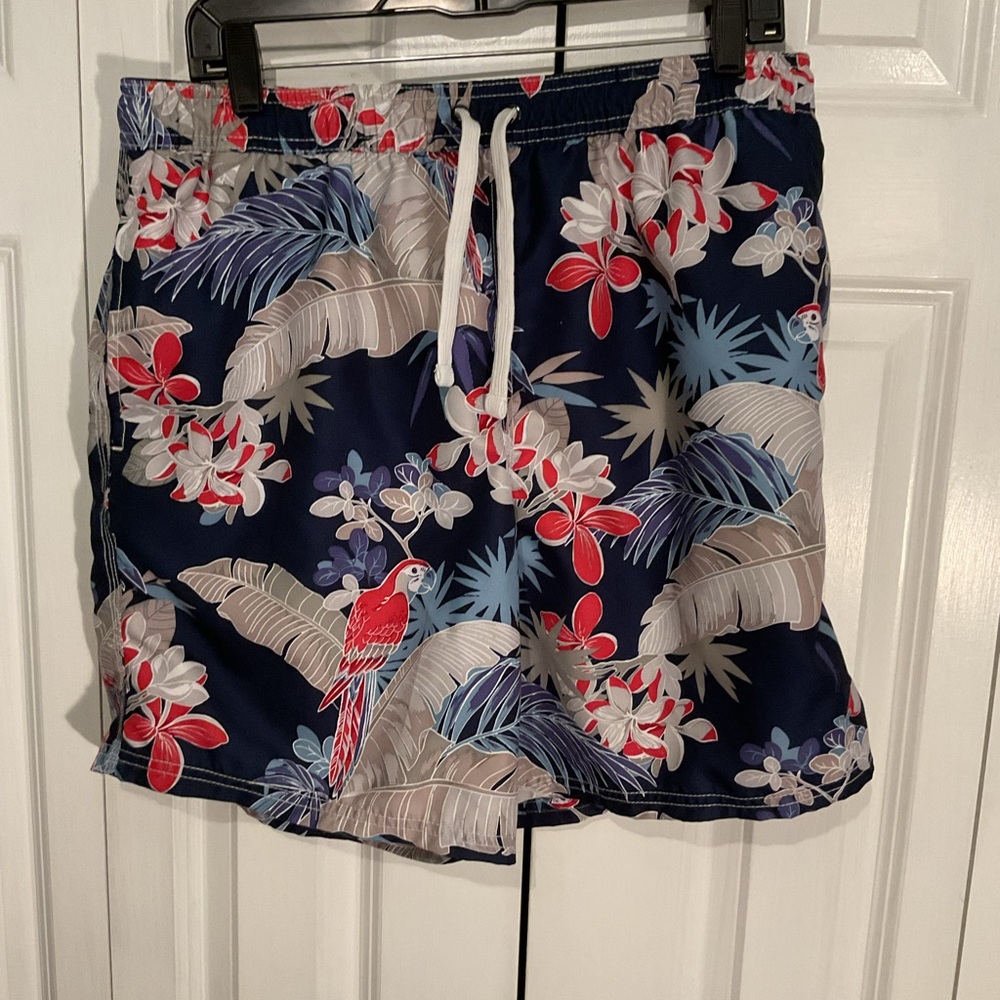 Islander Blue and Red Swim Trunks with Tropical Print